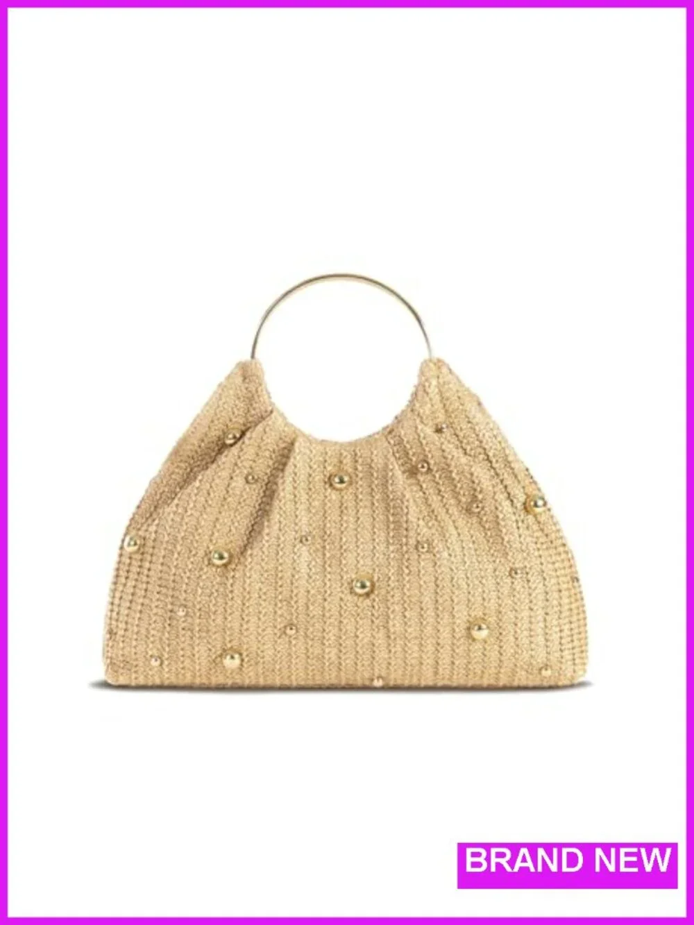 Boho Raffia Straw Beach Bag with Ring Handle Handwoven